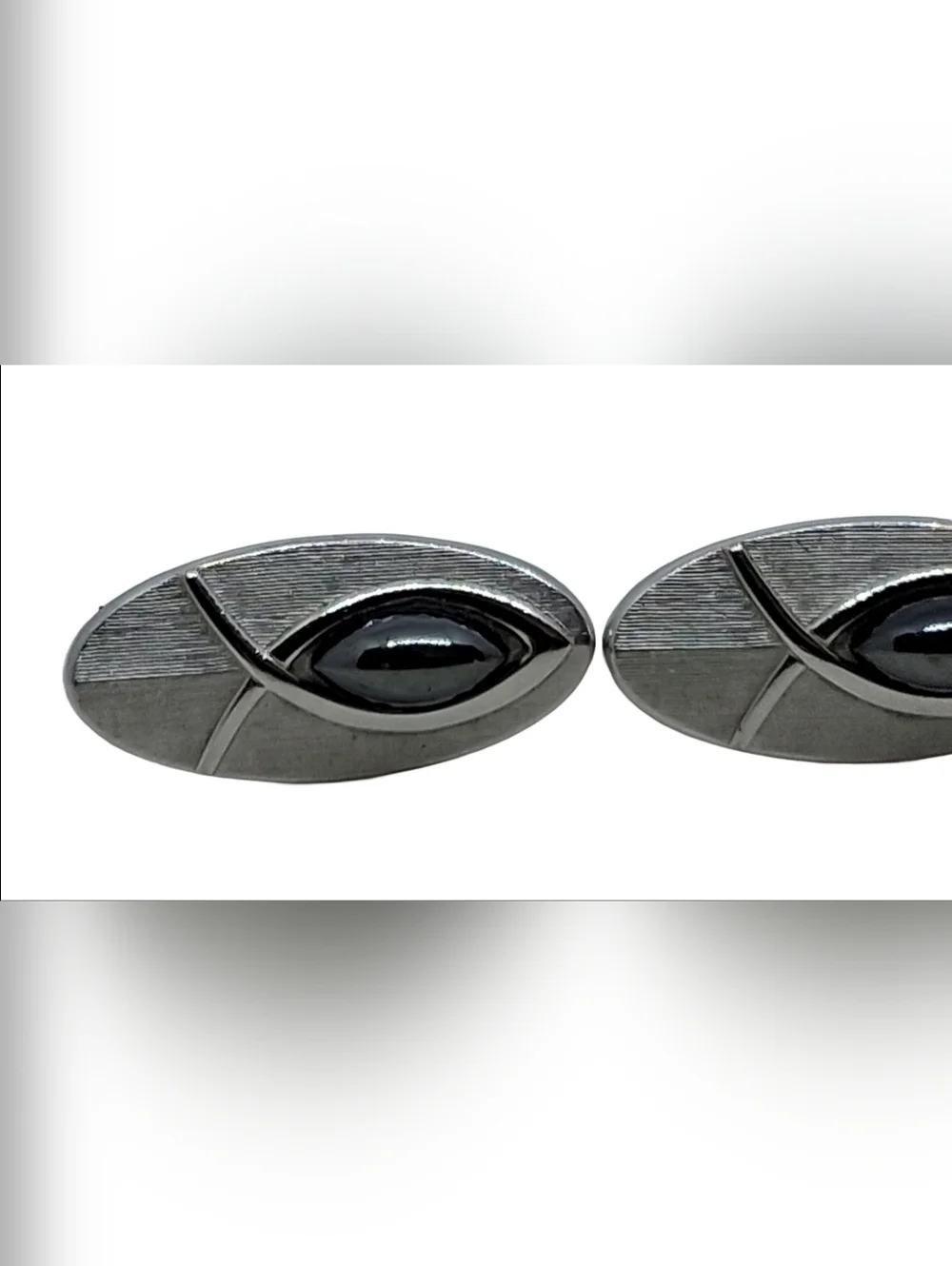 SWANK Vintage Brushed Silver Tone Jesus Fish Cufflinks Hematite Cabochon